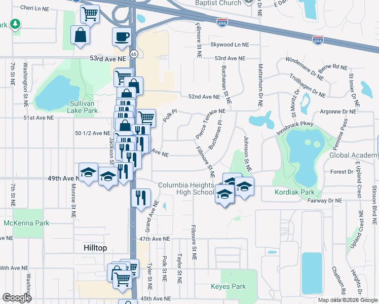 map of restaurants, bars, coffee shops, grocery stores, and more near 1205 50th Avenue Northeast in Columbia Heights