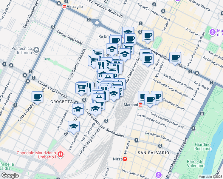 map of restaurants, bars, coffee shops, grocery stores, and more near 50 Via San Secondo in Torino