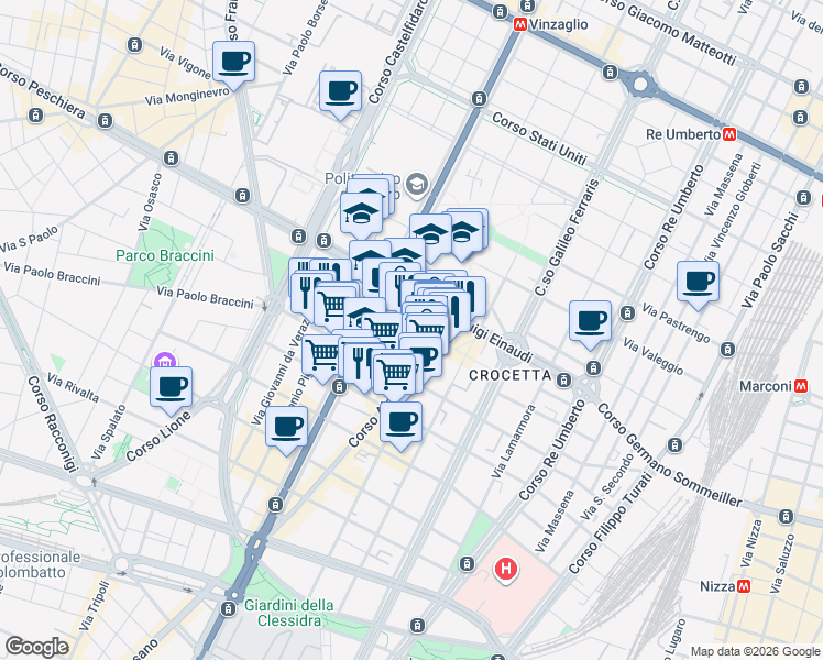 map of restaurants, bars, coffee shops, grocery stores, and more near 10 Via Giacomo Bove in Turin