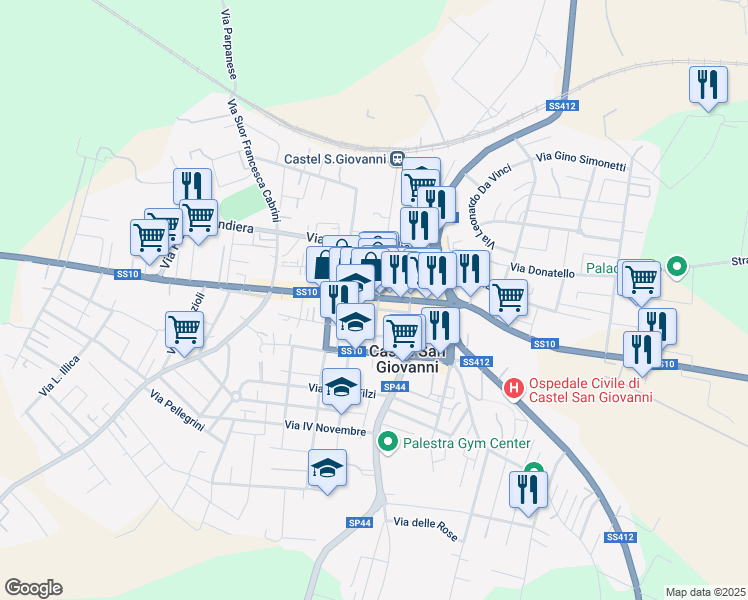 map of restaurants, bars, coffee shops, grocery stores, and more near 9 Via Giuseppe Verdi in Castel San Giovanni