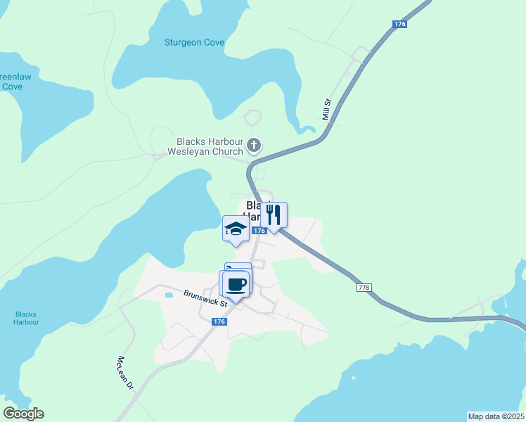 map of restaurants, bars, coffee shops, grocery stores, and more near in Blacks Harbour
