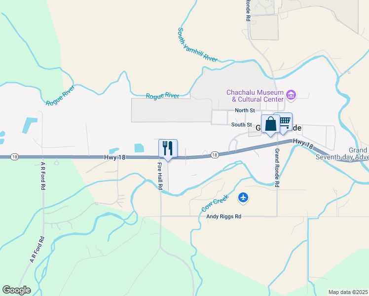 map of restaurants, bars, coffee shops, grocery stores, and more near 28795 Oregon 18 in Grand Ronde