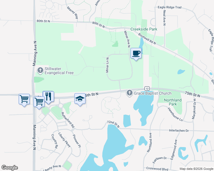 map of restaurants, bars, coffee shops, grocery stores, and more near 12530-12598 75th Street North in Stillwater