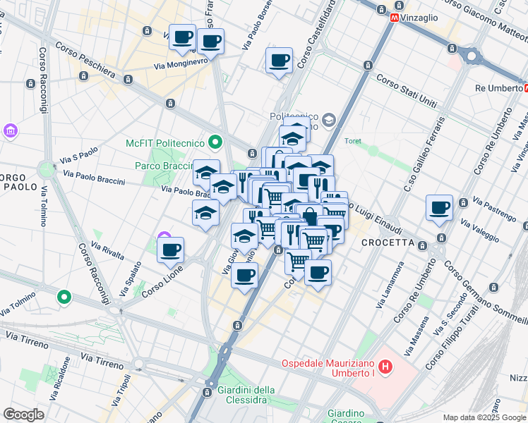 map of restaurants, bars, coffee shops, grocery stores, and more near 46 Via Cristoforo Colombo in Turin