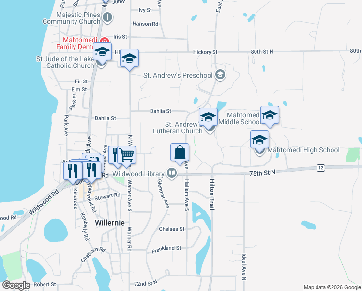 map of restaurants, bars, coffee shops, grocery stores, and more near 113 East Avenue in Mahtomedi