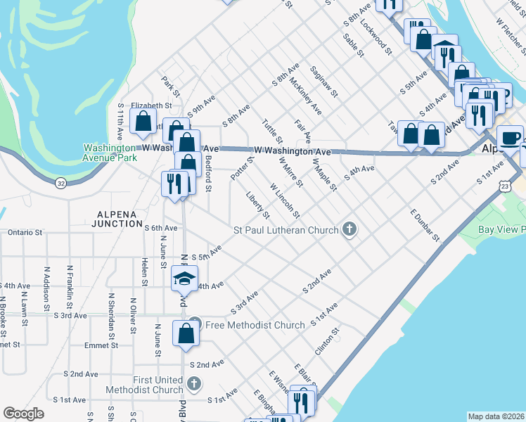 map of restaurants, bars, coffee shops, grocery stores, and more near 299 Liberty St in Alpena