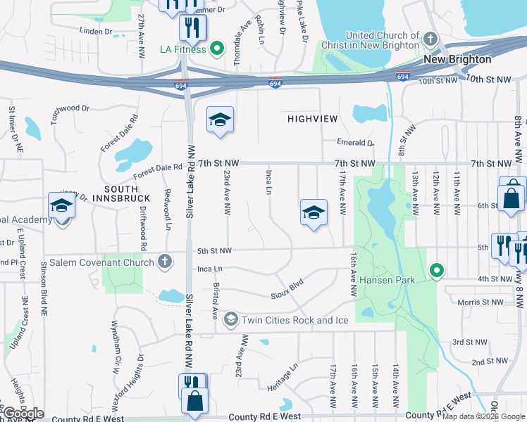 map of restaurants, bars, coffee shops, grocery stores, and more near 553 Inca Lane in New Brighton