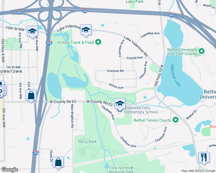map of restaurants, bars, coffee shops, grocery stores, and more near 1798 Venus Avenue in Arden Hills