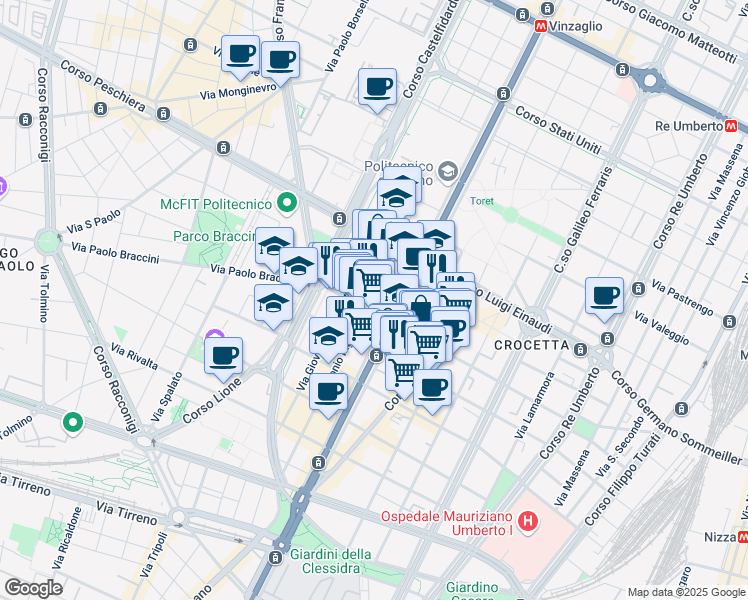 map of restaurants, bars, coffee shops, grocery stores, and more near 46 Via Cristoforo Colombo in Turin