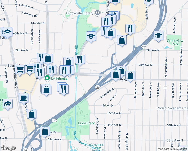 map of restaurants, bars, coffee shops, grocery stores, and more near 2501 County Road 10 (East) in Brooklyn Center