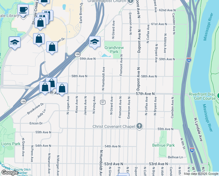 map of restaurants, bars, coffee shops, grocery stores, and more near in Brooklyn Center