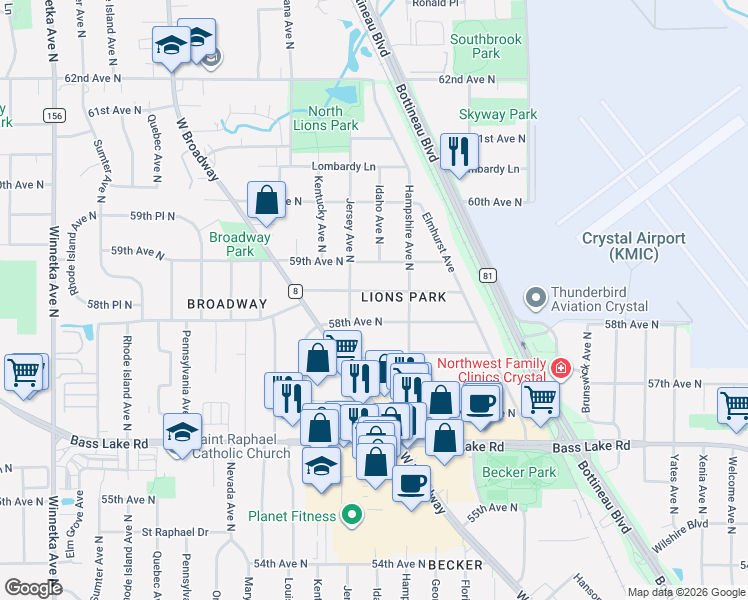 map of restaurants, bars, coffee shops, grocery stores, and more near 6714 58th Avenue North in Crystal