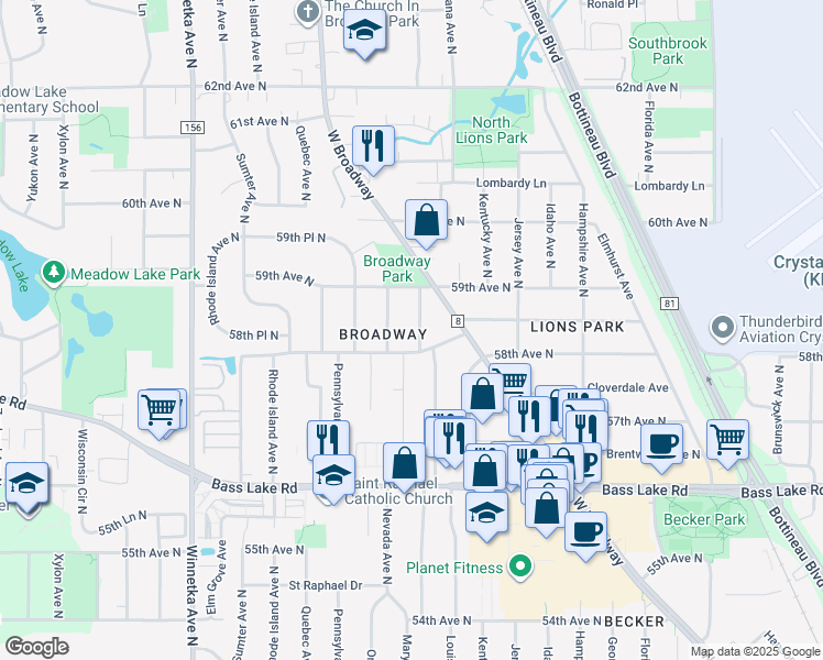 map of restaurants, bars, coffee shops, grocery stores, and more near 5801 Maryland Avenue North in Minneapolis