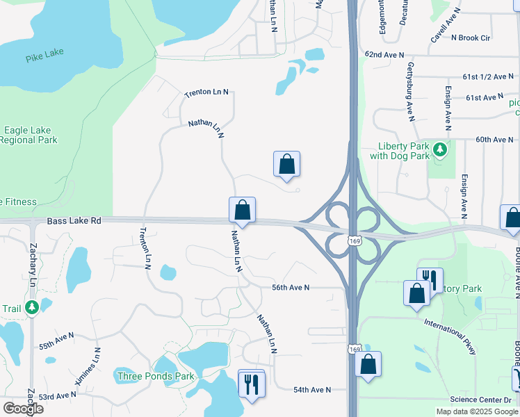 map of restaurants, bars, coffee shops, grocery stores, and more near 9758-9854 Bass Lake Road in Plymouth