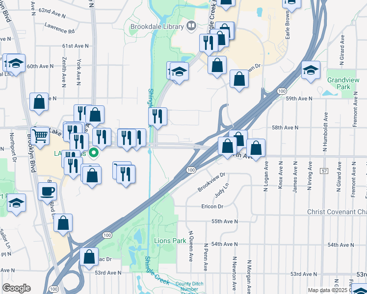 map of restaurants, bars, coffee shops, grocery stores, and more near 2501 County Road 10 (East) in Brooklyn Center
