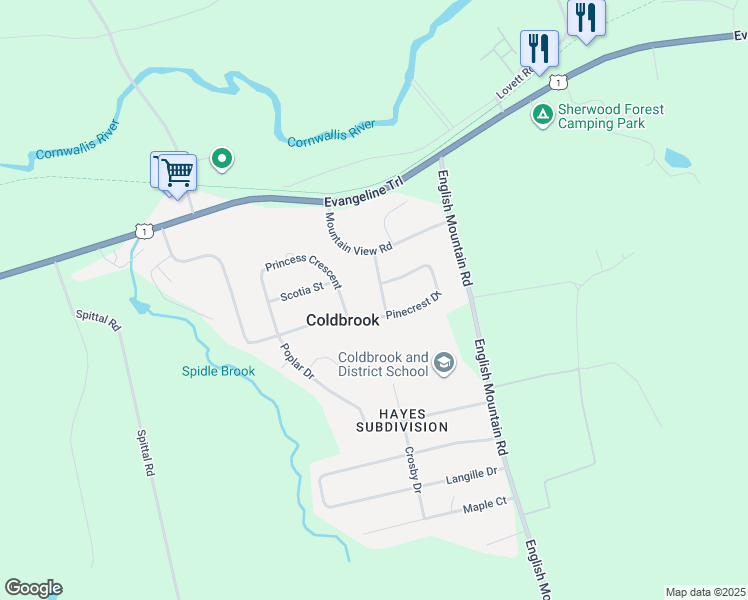 map of restaurants, bars, coffee shops, grocery stores, and more near 1353 Pinecrest Drive in Coldbrook