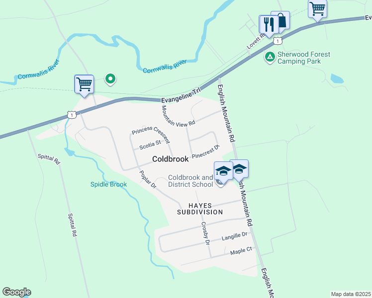 map of restaurants, bars, coffee shops, grocery stores, and more near 1353 Pinecrest Drive in Coldbrook