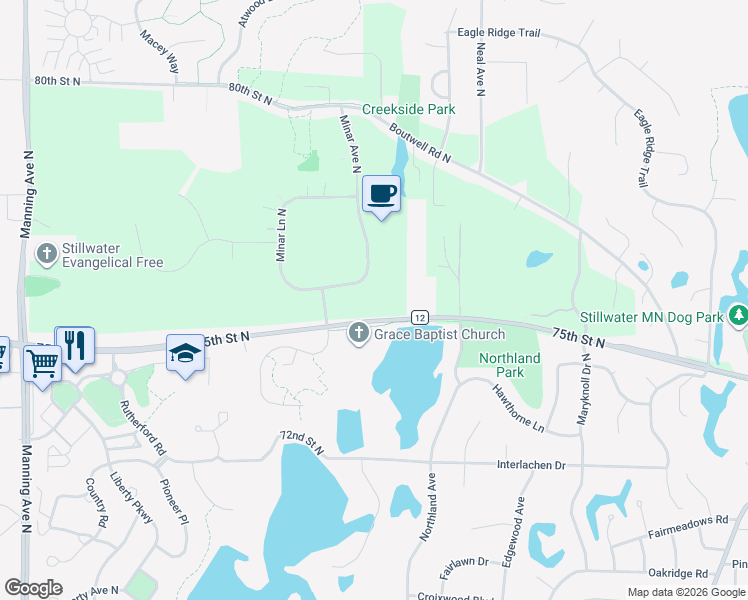 map of restaurants, bars, coffee shops, grocery stores, and more near 12708-12898 75th Street North in Stillwater
