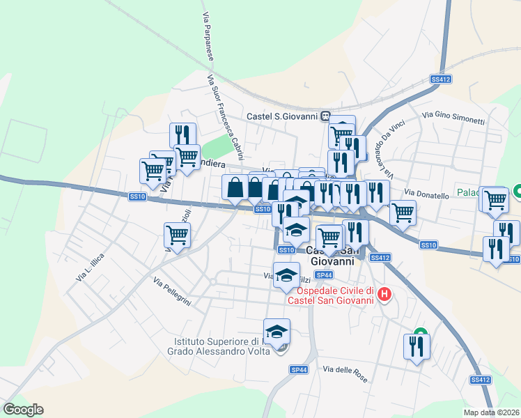 map of restaurants, bars, coffee shops, grocery stores, and more near in Castel San Giovanni