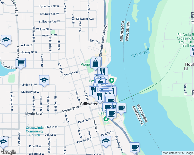map of restaurants, bars, coffee shops, grocery stores, and more near 220 Mulberry Street East in Stillwater
