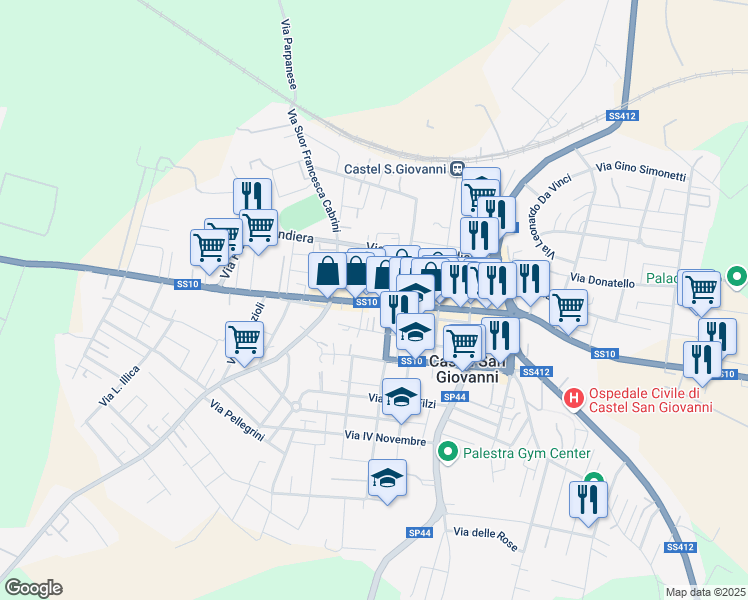 map of restaurants, bars, coffee shops, grocery stores, and more near 11 Vicolo Parmigiani in Castel San Giovanni