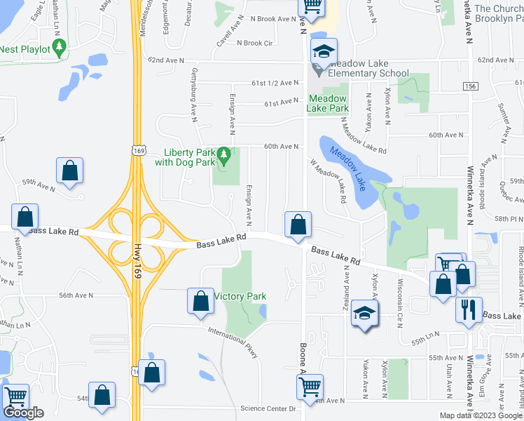 map of restaurants, bars, coffee shops, grocery stores, and more near 5801 Decatur Avenue North in Minneapolis