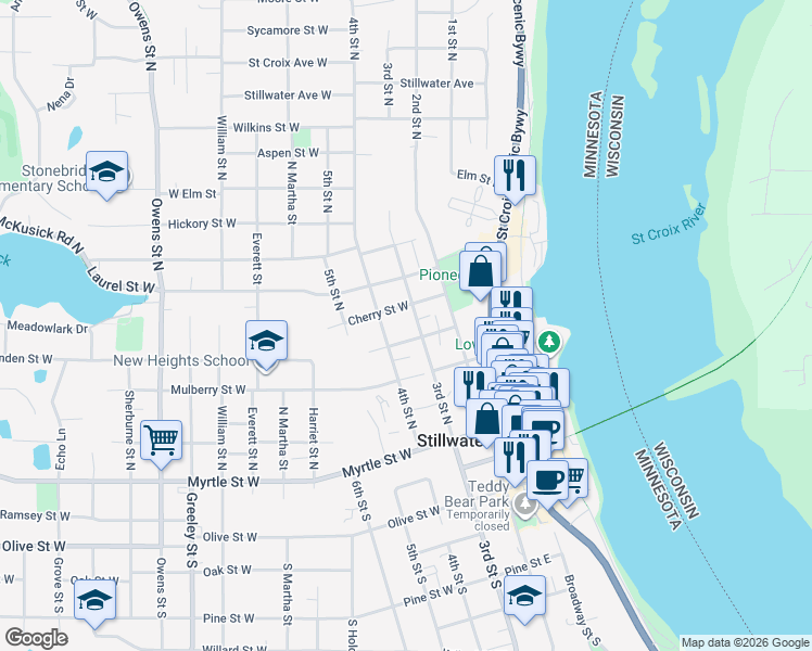 map of restaurants, bars, coffee shops, grocery stores, and more near 321 4th Street North in Stillwater