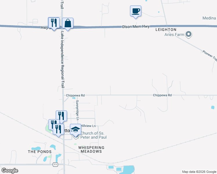 map of restaurants, bars, coffee shops, grocery stores, and more near 4132 Chippewa Road in Loretto