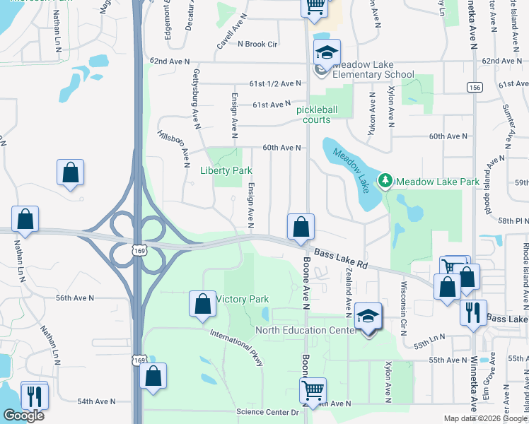 map of restaurants, bars, coffee shops, grocery stores, and more near 5849 Decatur Avenue North in Minneapolis