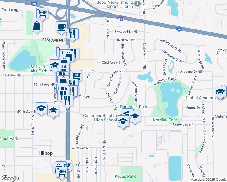 map of restaurants, bars, coffee shops, grocery stores, and more near 1330 Pierce Terrace Northeast in Minneapolis
