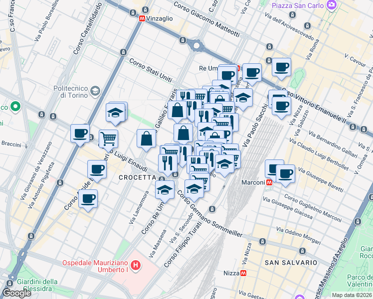 map of restaurants, bars, coffee shops, grocery stores, and more near 19/C Via Pastrengo in Torino