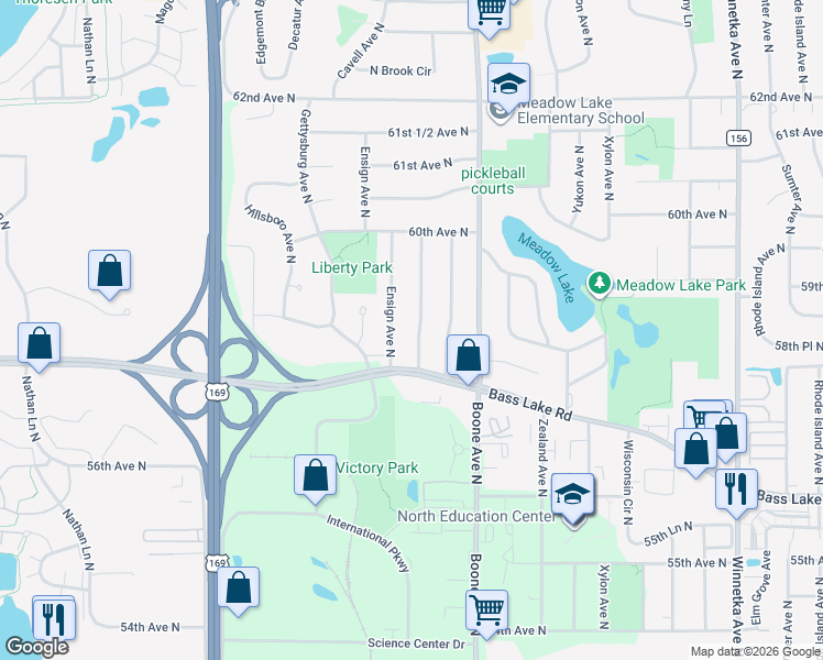 map of restaurants, bars, coffee shops, grocery stores, and more near 5849 Decatur Avenue North in Minneapolis