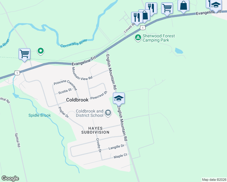 map of restaurants, bars, coffee shops, grocery stores, and more near 2371 English Mountain Road in Coldbrook