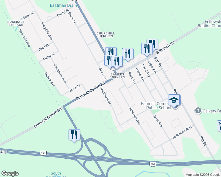 map of restaurants, bars, coffee shops, grocery stores, and more near 100 Forestdale Crescent in Cornwall