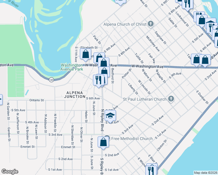 map of restaurants, bars, coffee shops, grocery stores, and more near 201-237 Bedford St in Alpena