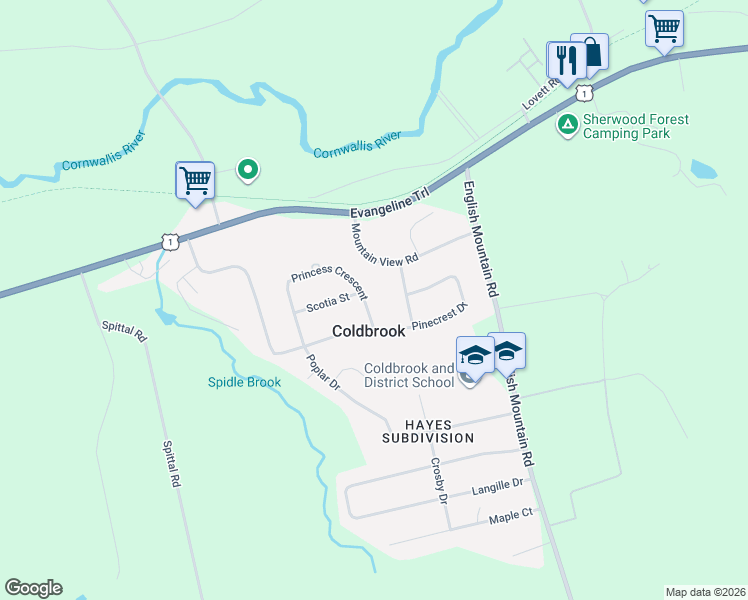 map of restaurants, bars, coffee shops, grocery stores, and more near 1421 Princess Crescent in Coldbrook