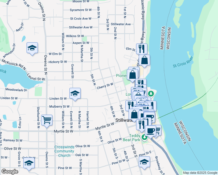map of restaurants, bars, coffee shops, grocery stores, and more near 510 3rd Street North in Stillwater