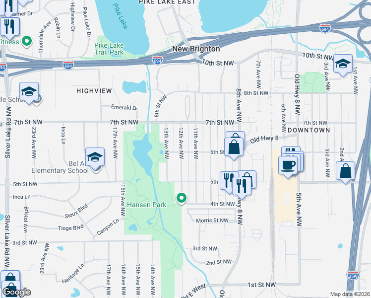 map of restaurants, bars, coffee shops, grocery stores, and more near 642 11th Avenue Northwest in New Brighton