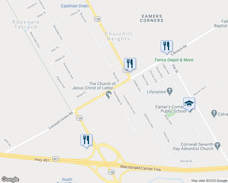 map of restaurants, bars, coffee shops, grocery stores, and more near 3338 Northdale Drive in Cornwall