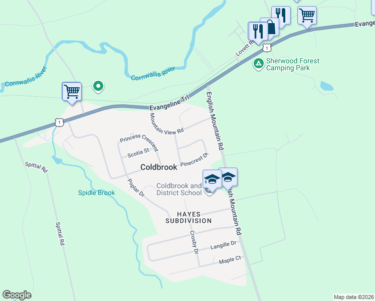map of restaurants, bars, coffee shops, grocery stores, and more near 2807 Pinecrest Drive in Coldbrook