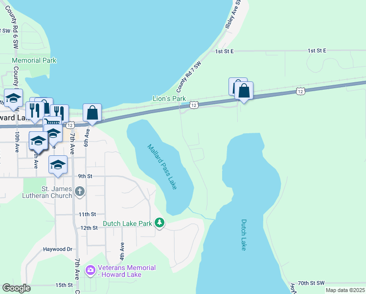 map of restaurants, bars, coffee shops, grocery stores, and more near 705 Shoreline Drive in Howard Lake