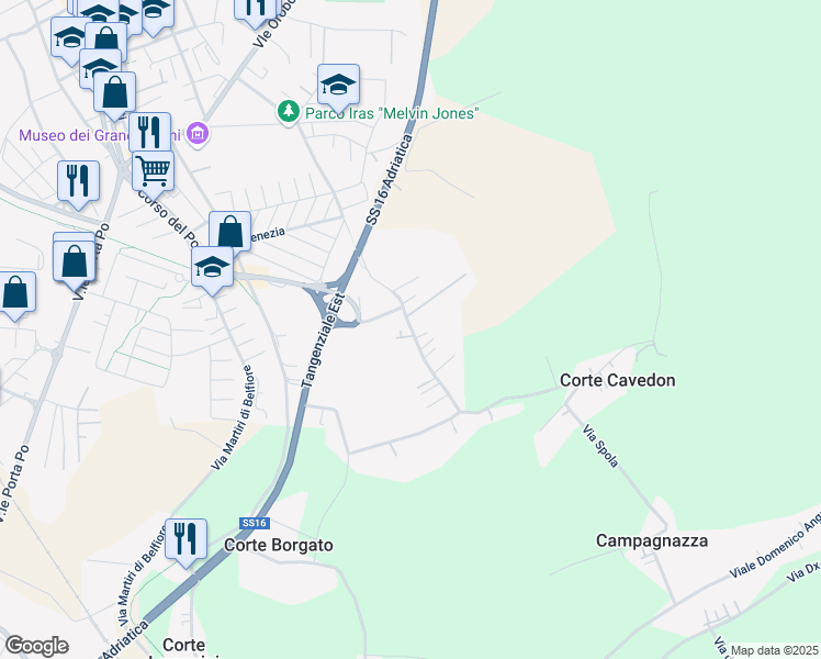 map of restaurants, bars, coffee shops, grocery stores, and more near 68 Via Concilio Vaticano II in Rovigo