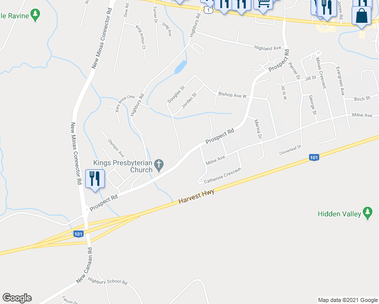 map of restaurants, bars, coffee shops, grocery stores, and more near Prospect Road in New Minas
