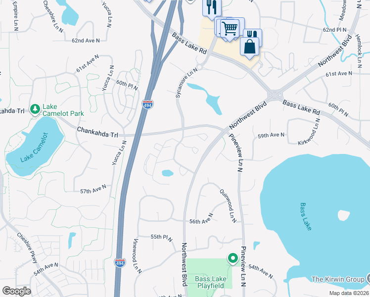 map of restaurants, bars, coffee shops, grocery stores, and more near 5814 Teakwood Lane North in Plymouth