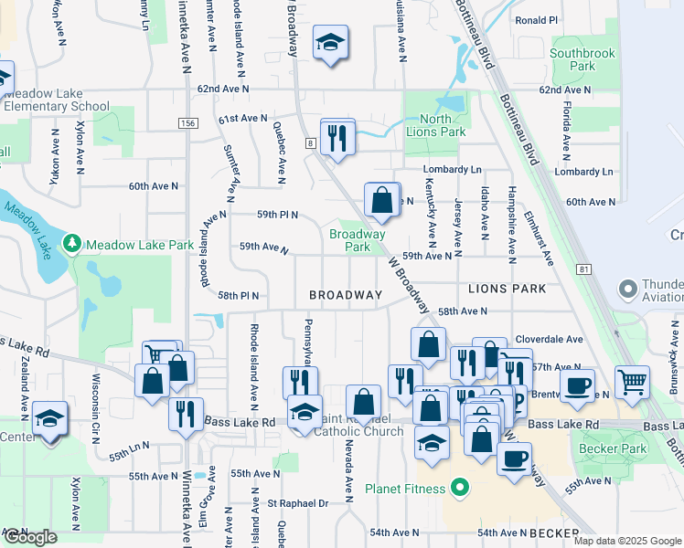 map of restaurants, bars, coffee shops, grocery stores, and more near 7417 59th Avenue North in Minneapolis