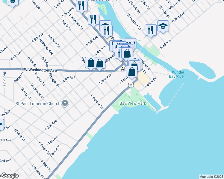 map of restaurants, bars, coffee shops, grocery stores, and more near 198 Hitchcock St in Alpena