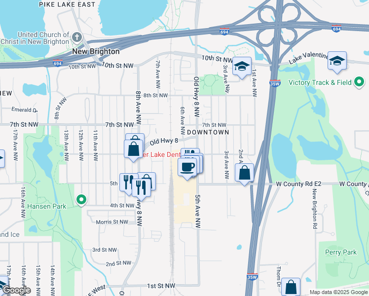 map of restaurants, bars, coffee shops, grocery stores, and more near 649 Old Highway 8 in New Brighton