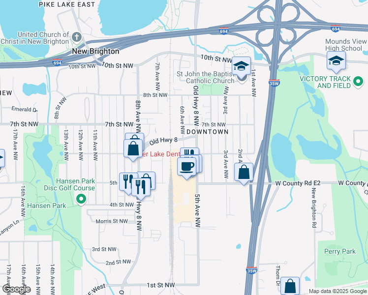map of restaurants, bars, coffee shops, grocery stores, and more near 649 Old Highway 8 in New Brighton