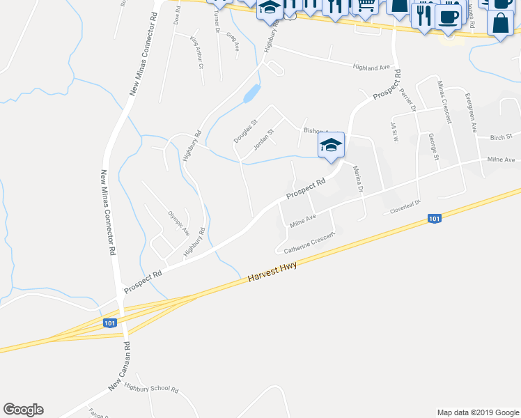 map of restaurants, bars, coffee shops, grocery stores, and more near 5615 Prospect Road in New Minas