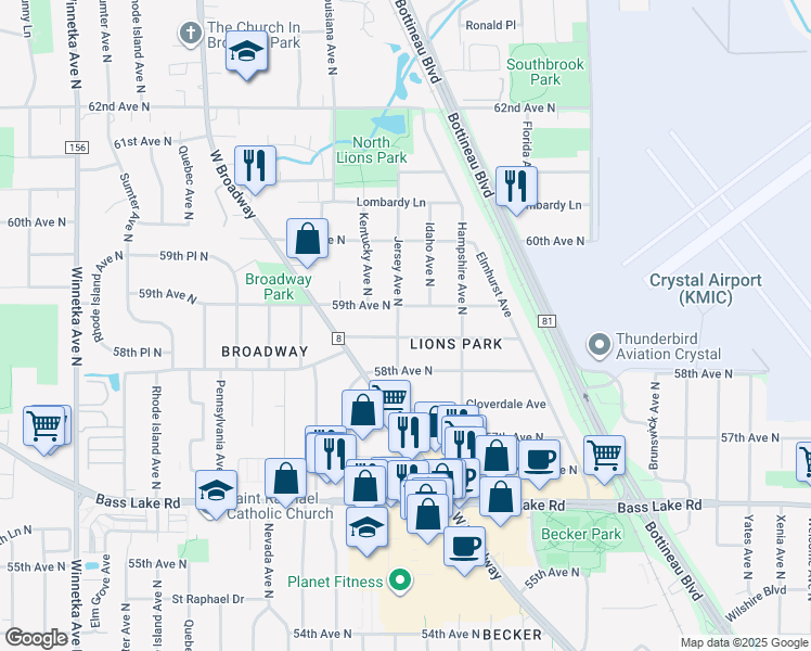 map of restaurants, bars, coffee shops, grocery stores, and more near 5852 Jersey Avenue North in Minneapolis